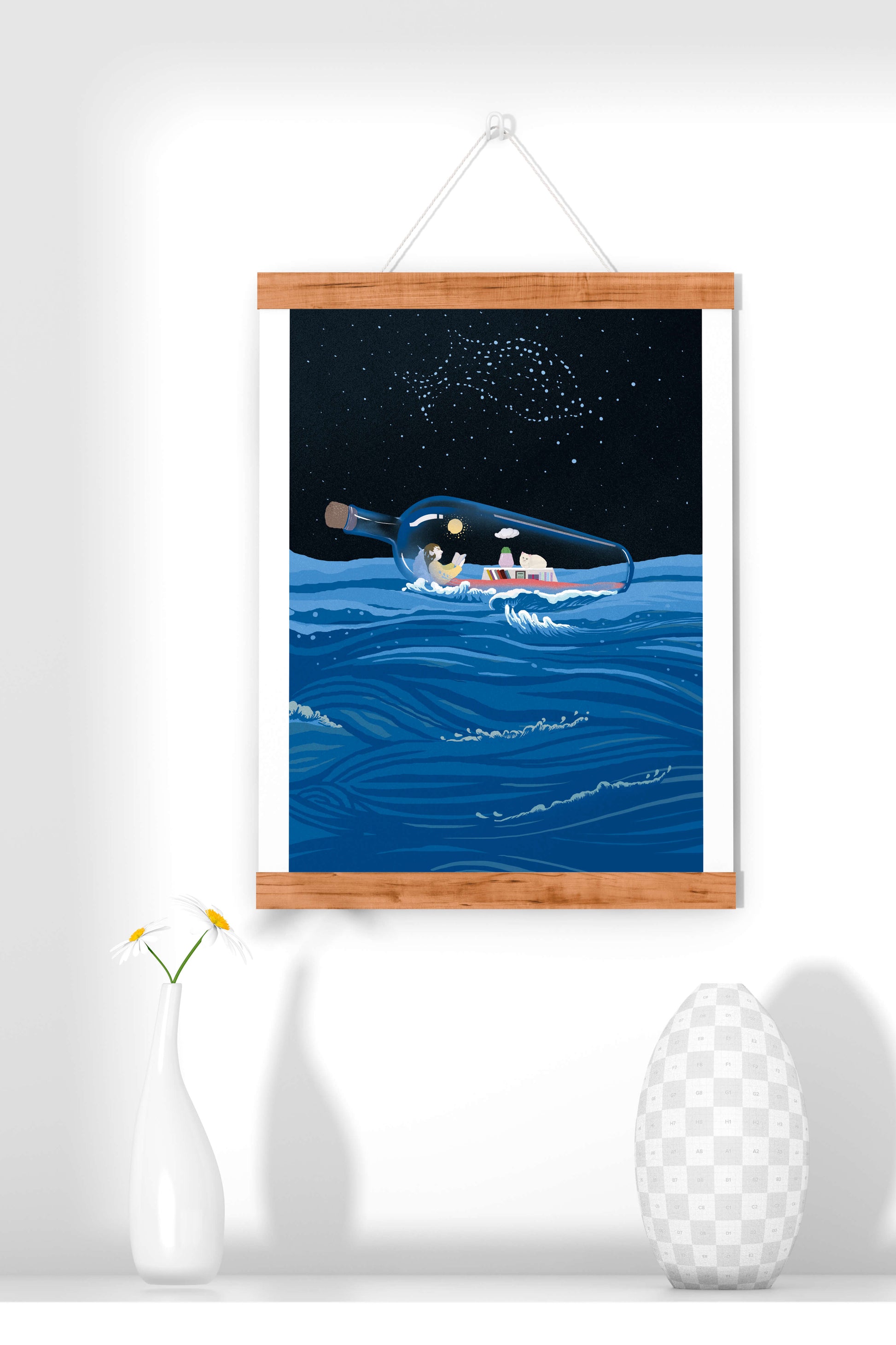 Surreal illustration of a bottle on the ocean with a starry night sky