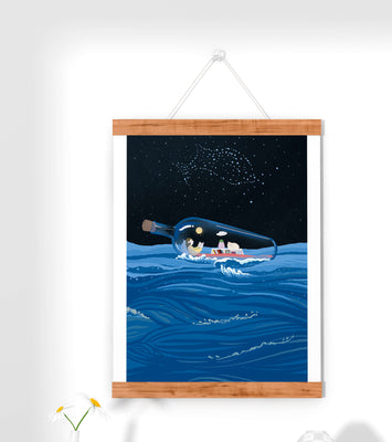 Surreal illustration of a bottle on the ocean with a starry night sky