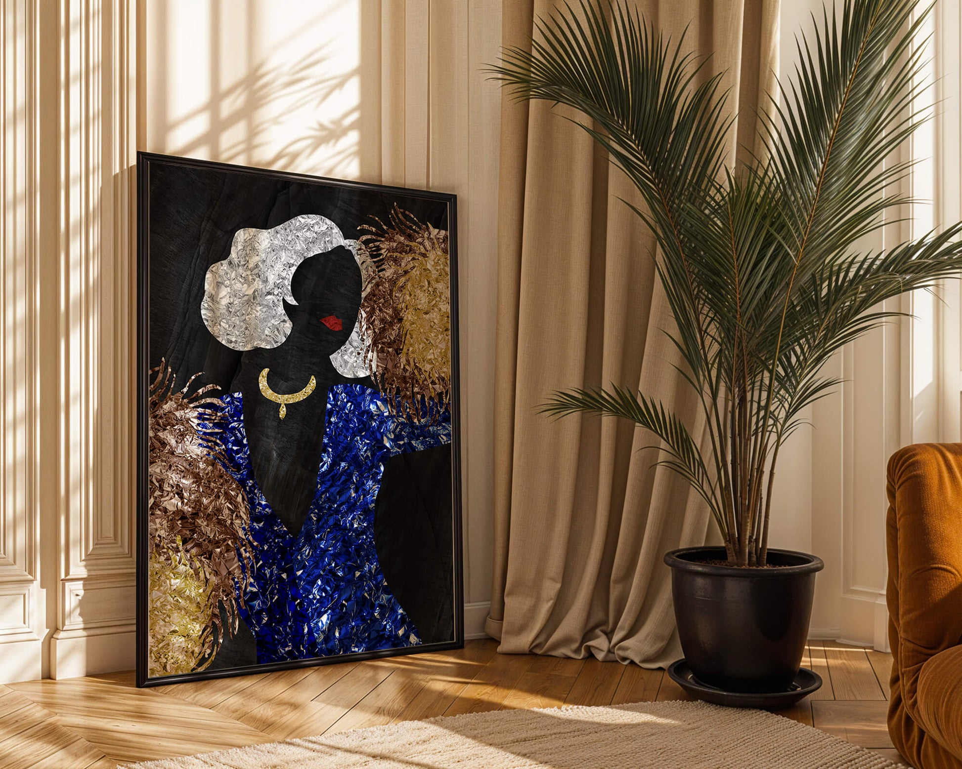 Abstract art with colorful foil textures and silhouette