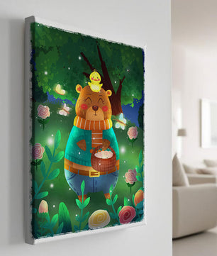 Charming bear in a colorful garden with flowers and fireflies