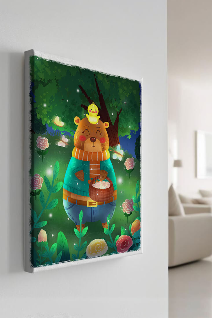 Charming bear in a colorful garden with flowers and fireflies