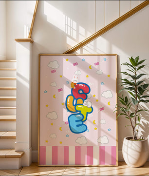Playful pastel illustration with cute characters and clouds