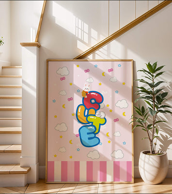 Playful pastel illustration with cute characters and clouds