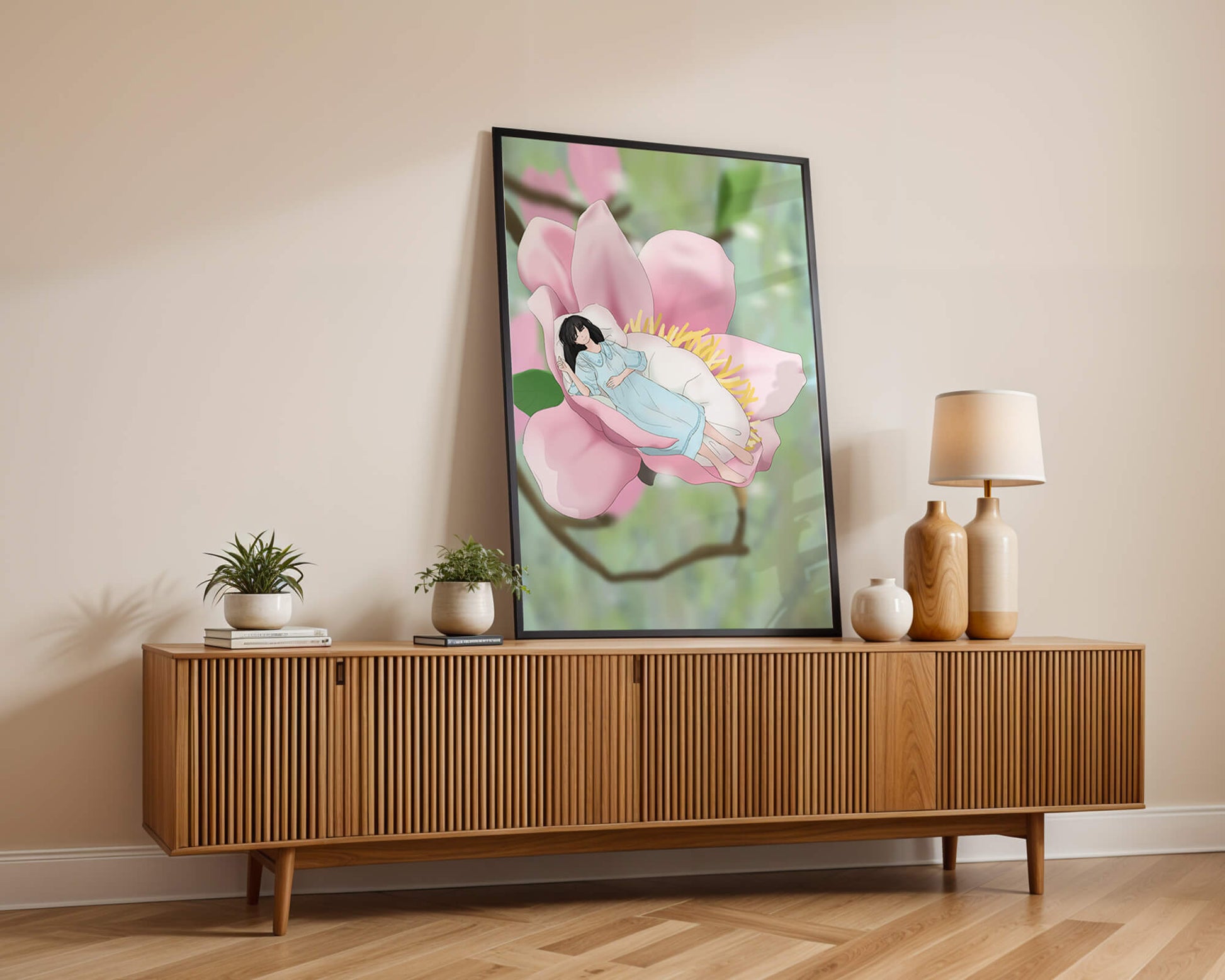 Dreamlike scene of a woman sleeping in a large pink flower