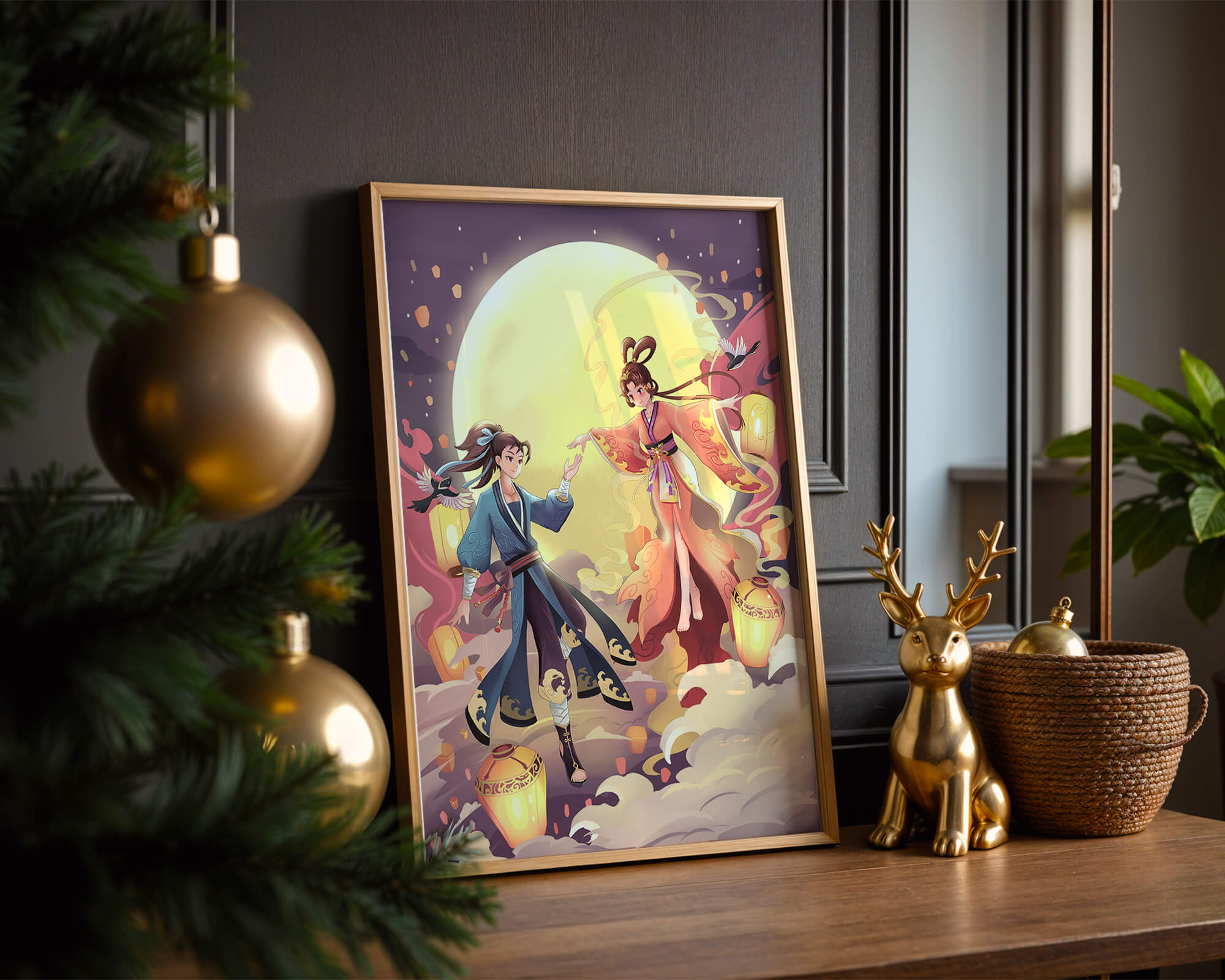 Elegant moonlit fantasy scene with traditional attire