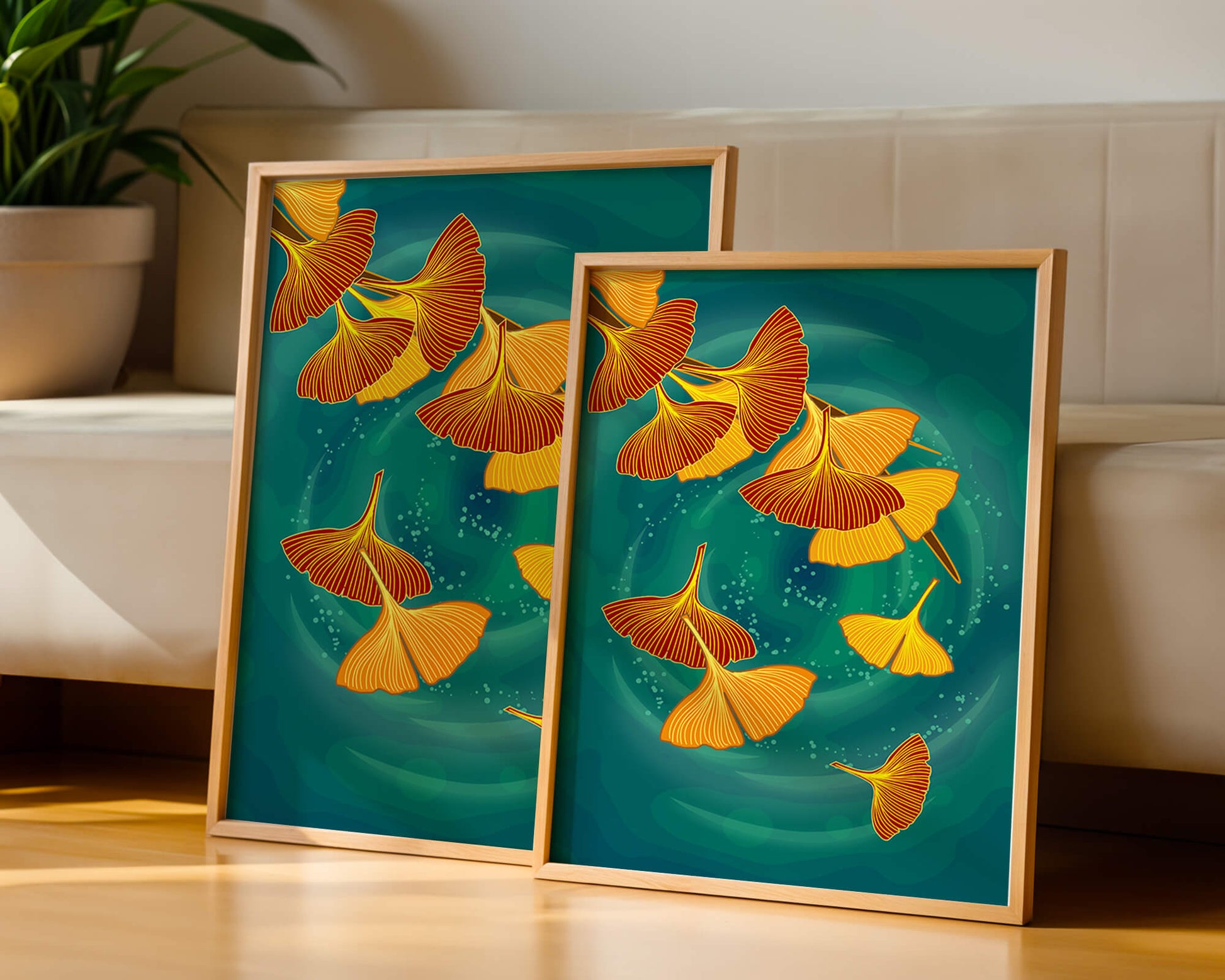 Stylized Ginkgo Leaves Floating on a Turquoise Background