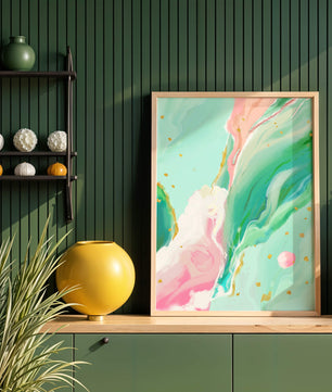 Obra de arte abstracta en pasteles y dorado con patrones fluidos