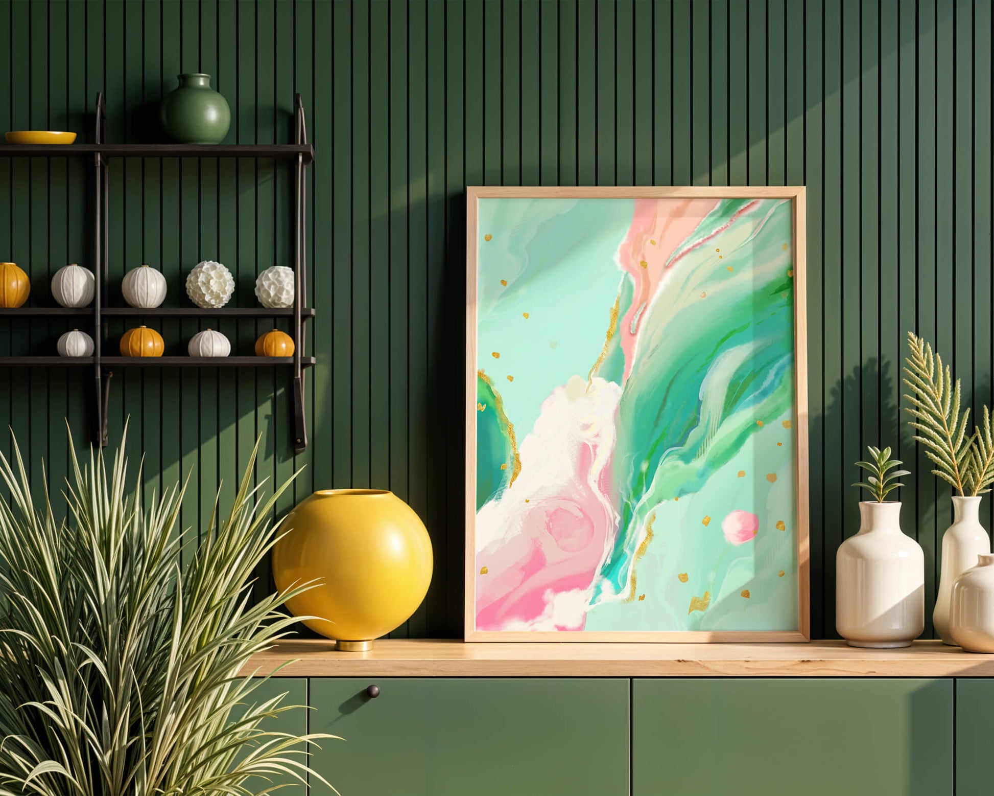 Obra de arte abstracta en pasteles y dorado con patrones fluidos