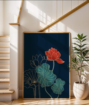 Elegant Floral Illustration with Vibrant Lotus and Gold Outlines on Dark Background