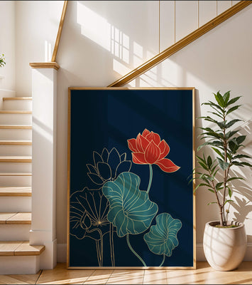 Elegant Floral Illustration with Vibrant Lotus and Gold Outlines on Dark Background