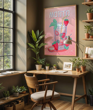 Ilustración de un mojito de fresa con fondo rosa vibrante y diseño juguetón