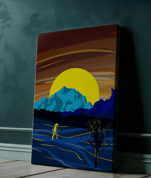 Paisaje surrealista con una puesta de sol vibrante y silueta