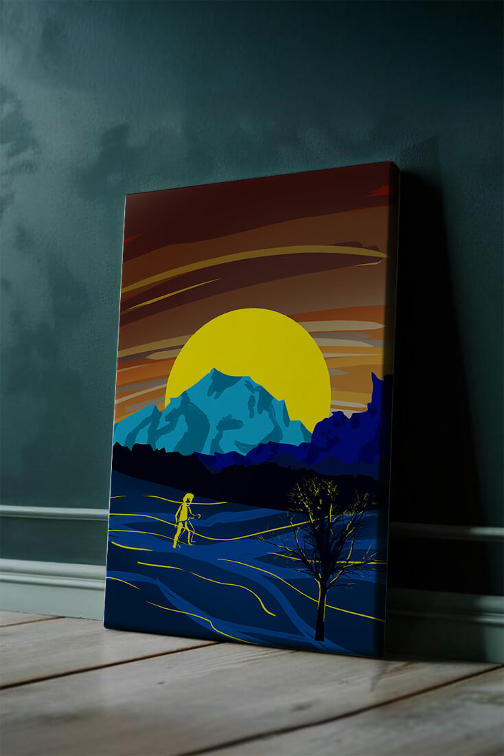 Surreal landscape with a vibrant sunset and silhouette