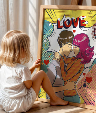 Ilustración de pop art romántico con pareja abrazándose y texto de amor