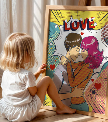 Romantic Pop Art Illustration with Embracing Couple and Love Text