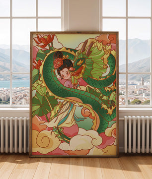 Heitere künstlerische Darstellung eines Mädchens mit einem majestätischen Drachen inmitten von Wolken und Lotusblumen