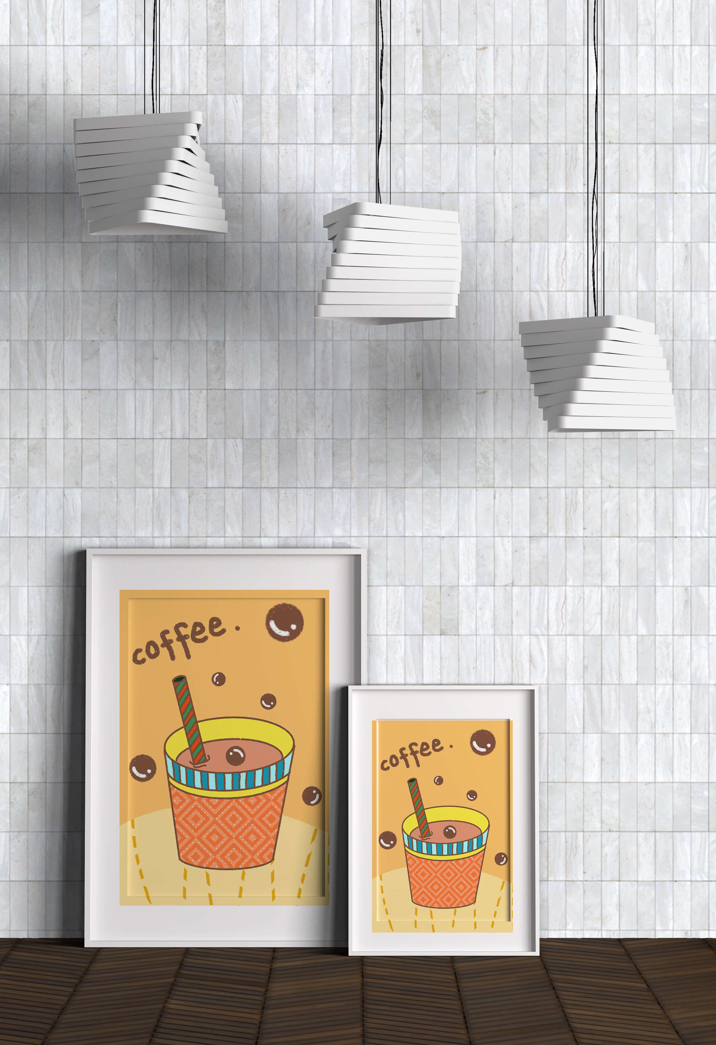 Colorful coffee cup illustration with bubbles and straw