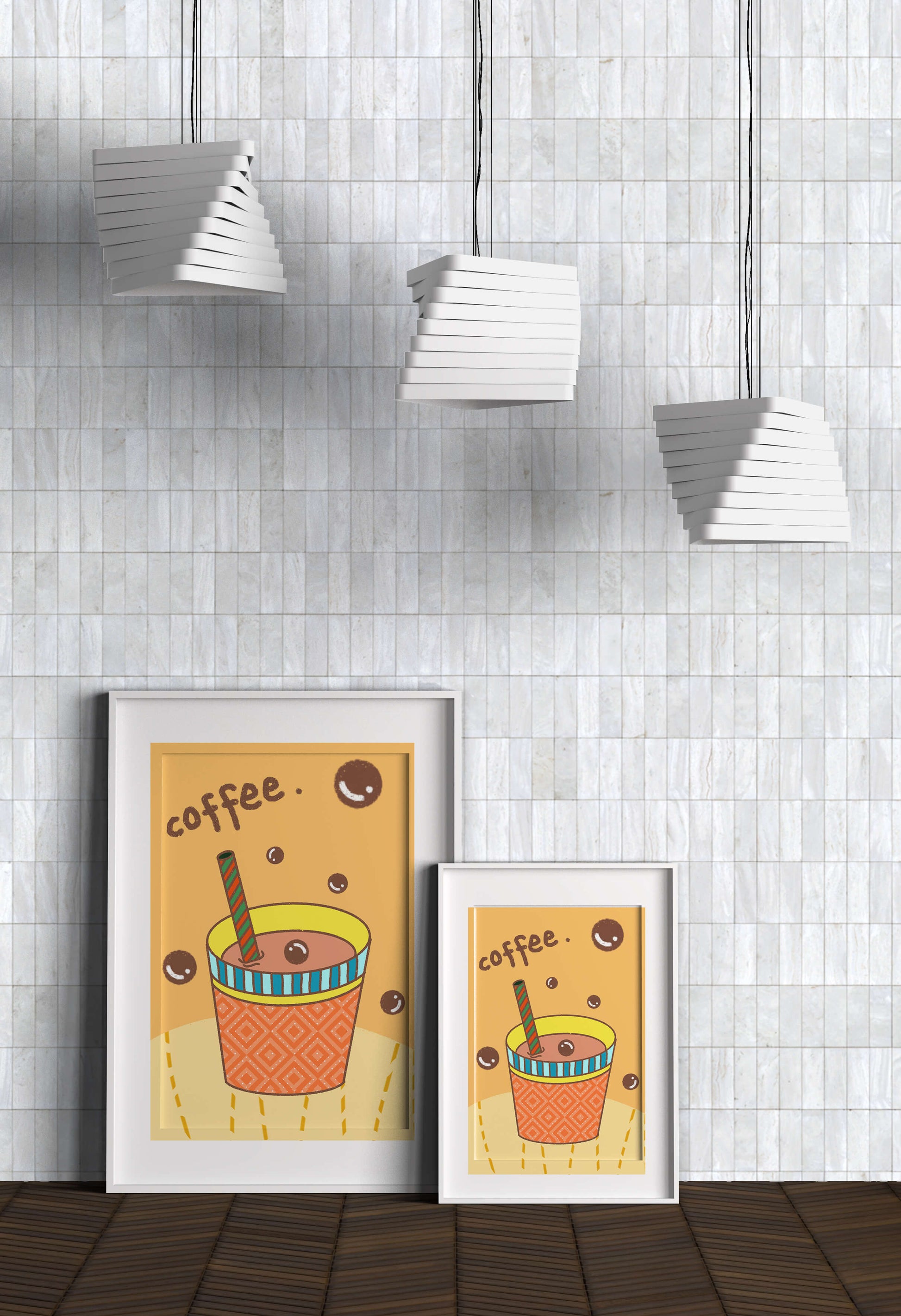 Colorful coffee cup illustration with bubbles and straw