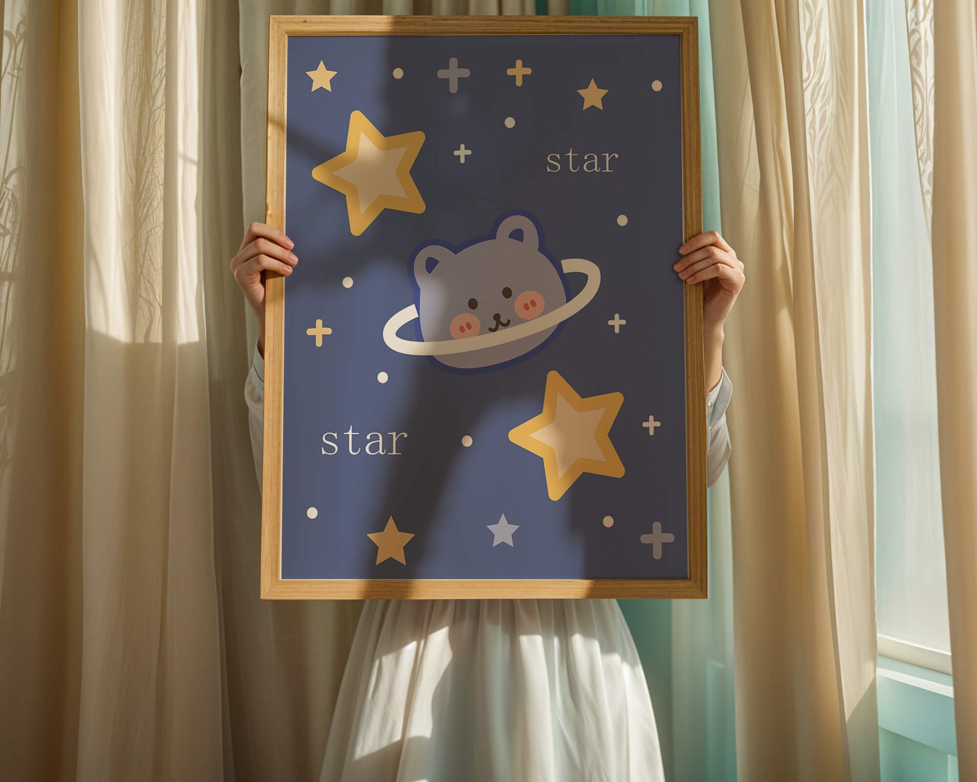 Adorable cartoon bear with stars on a blue background