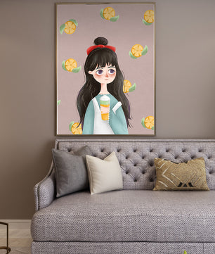 Illustration of a girl with a beverage surrounded by citrus slices