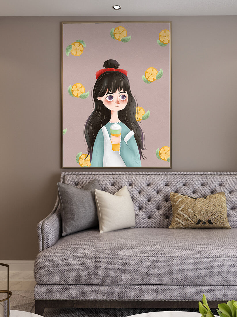 Illustration of a girl with a beverage surrounded by citrus slices