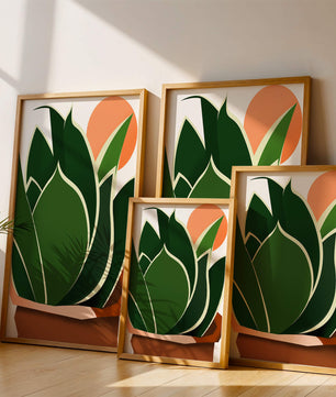 Ilustración contemporánea de una planta serpiente con fondo de amanecer