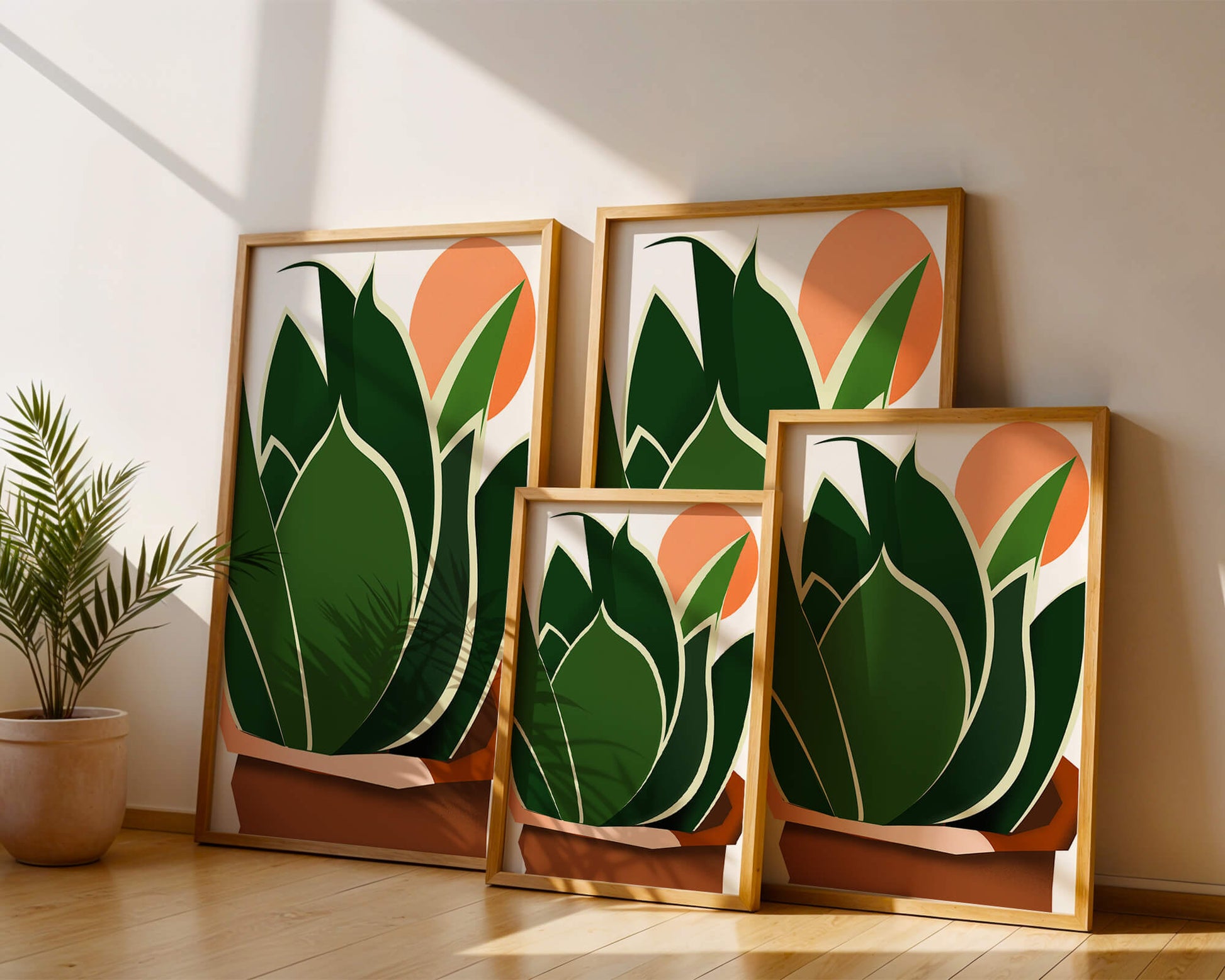Ilustración contemporánea de una planta serpiente con fondo de amanecer