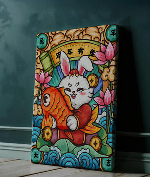 Festive rabbit holding golden fish with lotus flowers and waves in a traditional design
