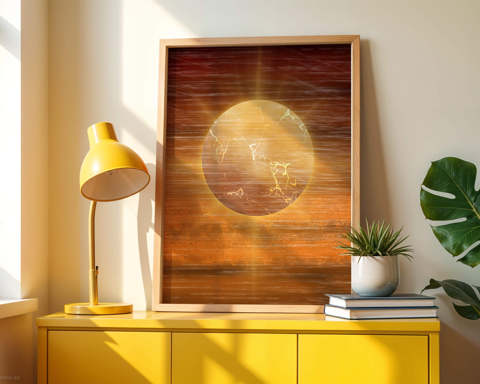 Sol dorado abstracto con luz radiante sobre un fondo texturizado