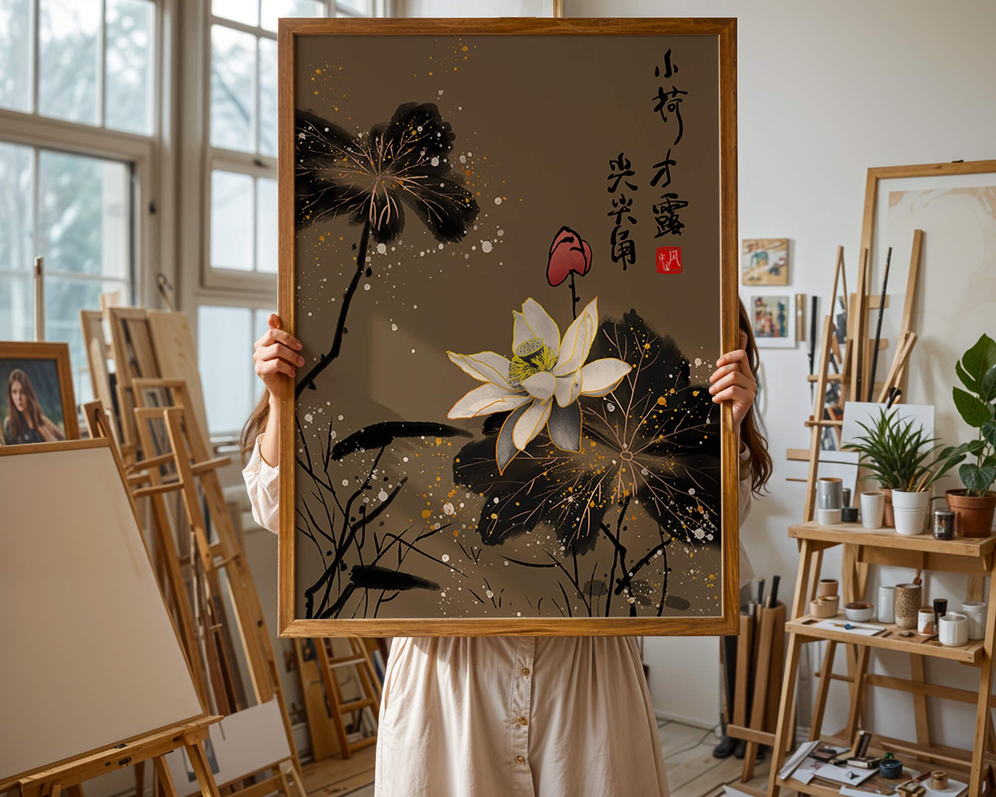 Elegant oriental floral art with gold accents and calligraphy