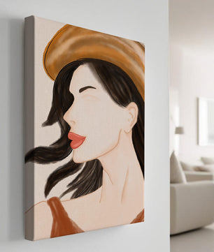 Stylized portrait of a woman in a hat with flowing hair