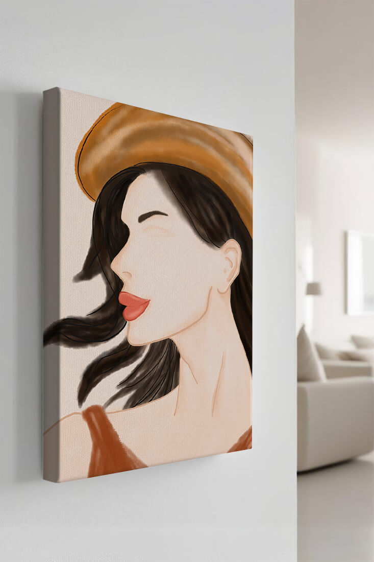 Stylized portrait of a woman in a hat with flowing hair