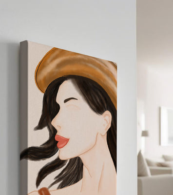 Stylized portrait of a woman in a hat with flowing hair