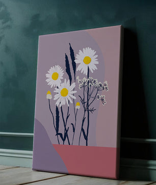 Zarte weiße Gänseblümchen mit gelben Zentren auf modernem Pastell-Hintergrund