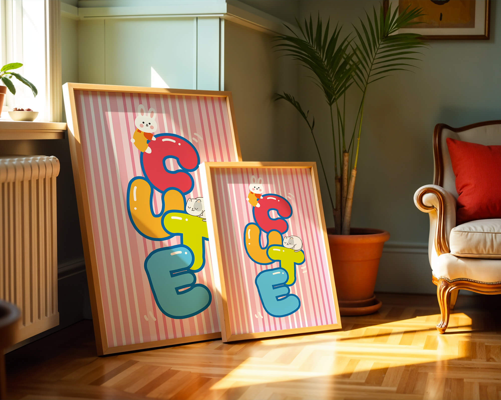 Playful cute illustration with bunny and kitten on colorful letters