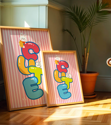 Playful cute illustration with bunny and kitten on colorful letters