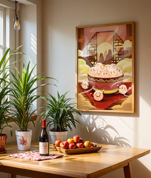 Dumplings de dibujos animados encantadores en un cuenco decorativo en medio de la niebla