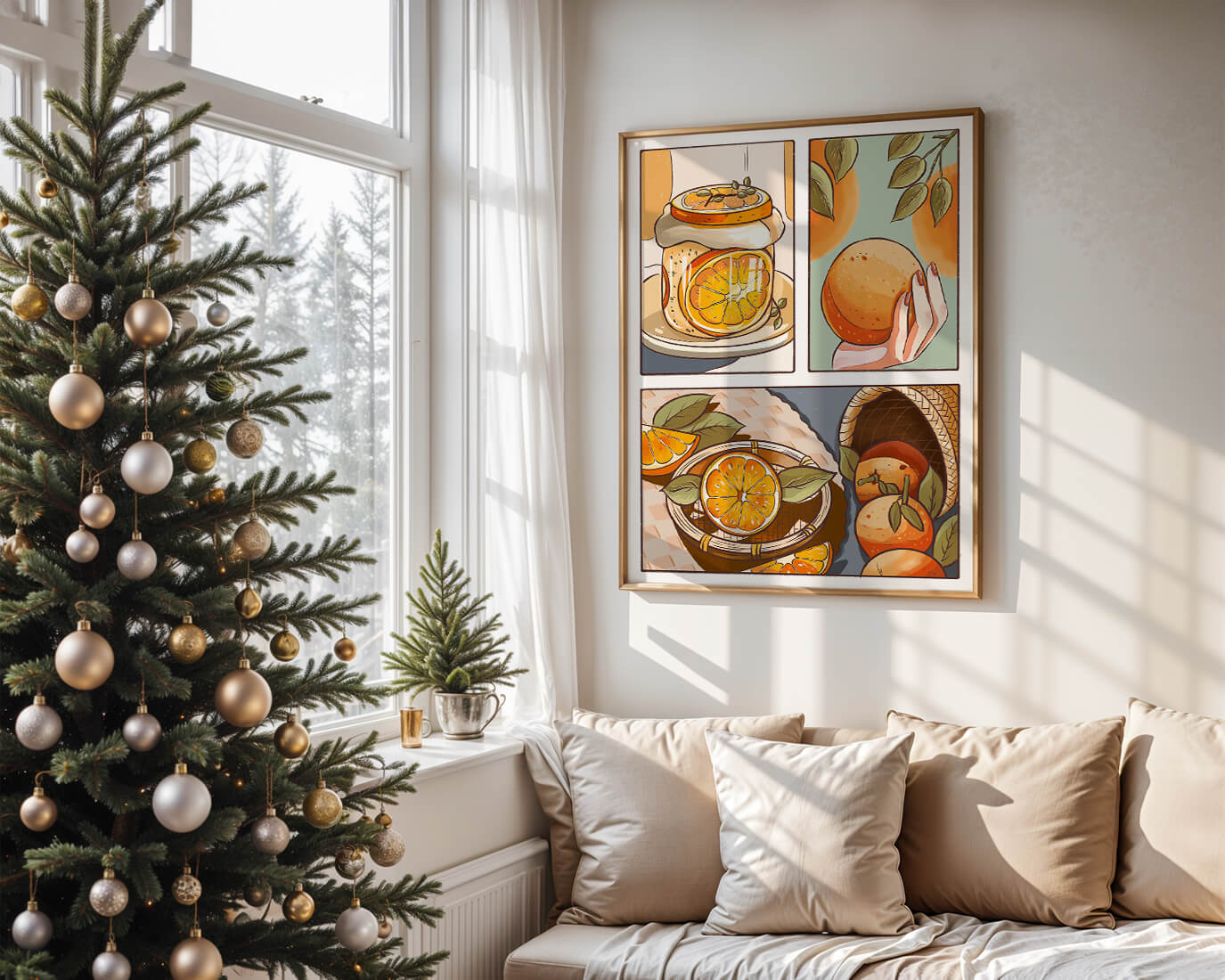 Ilustración colorida de naranjas y conservas con canasta