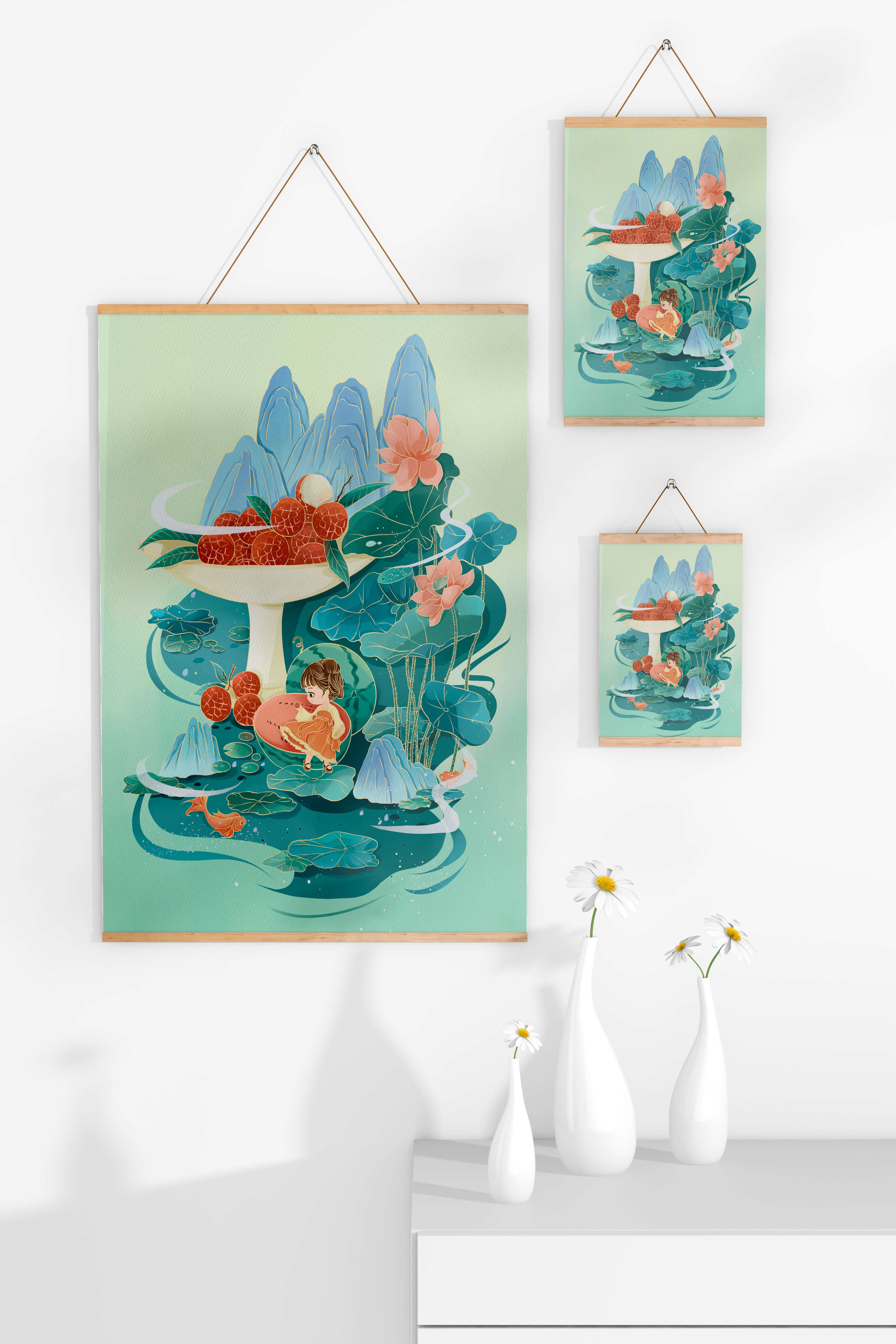 Whimsical illustration with girl, lychee, and lotus flowers