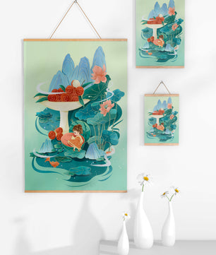 Whimsical illustration with girl, lychee, and lotus flowers