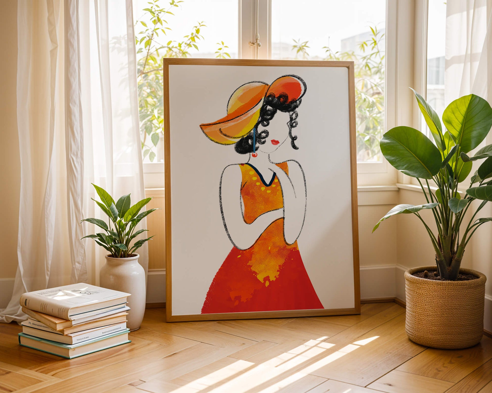 Elegant woman in a vibrant hat and dress illustration