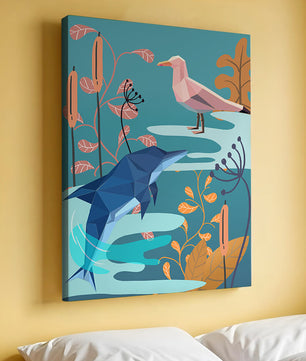 Geometric Dolphin and Seagull with Floral Elements in Abstract Nature
