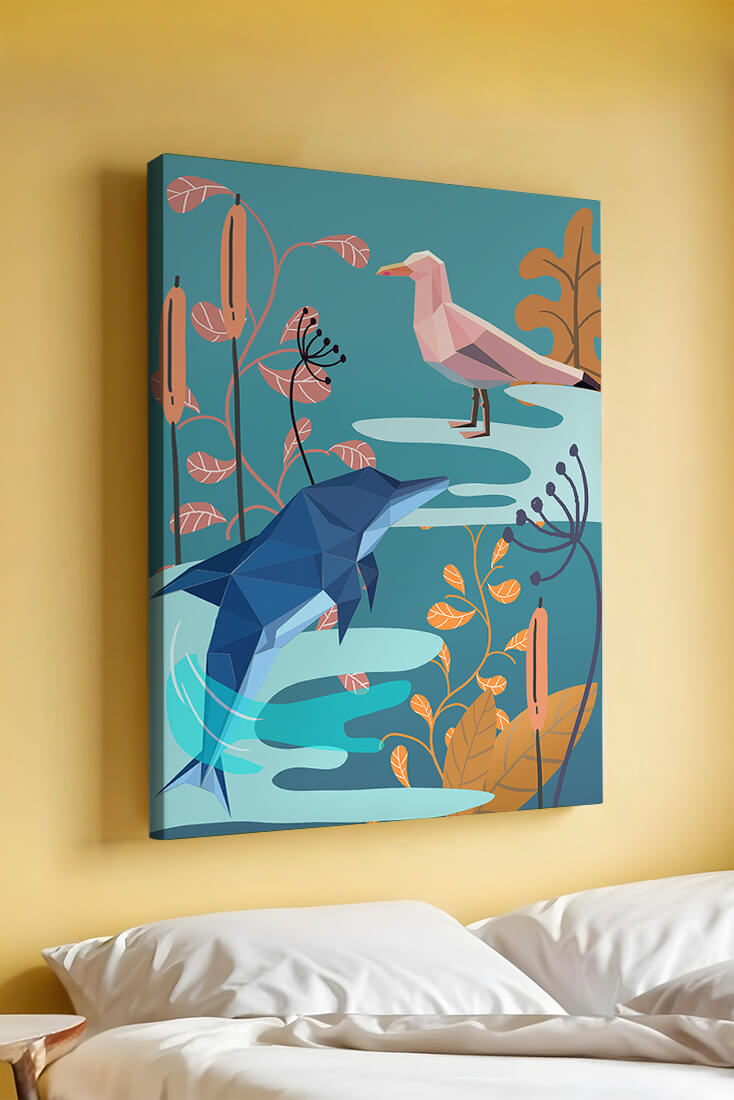 Geometric Dolphin and Seagull with Floral Elements in Abstract Nature