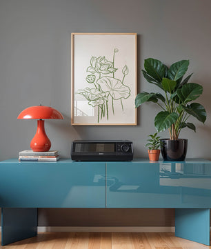 Botanische Illustration einer Lotusblume mit grüner Strichzeichnung auf weißem Hintergrund