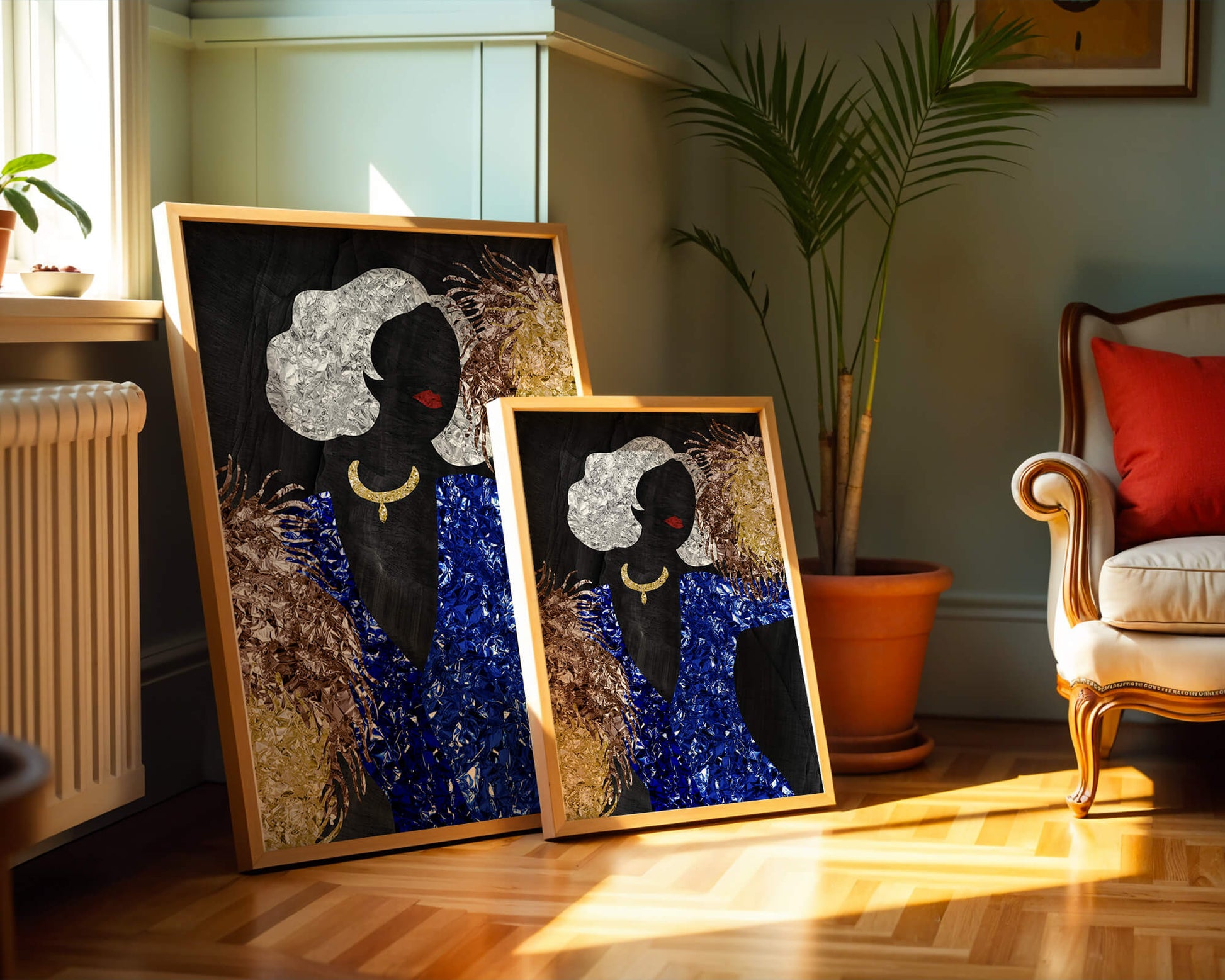 Abstract art with colorful foil textures and silhouette