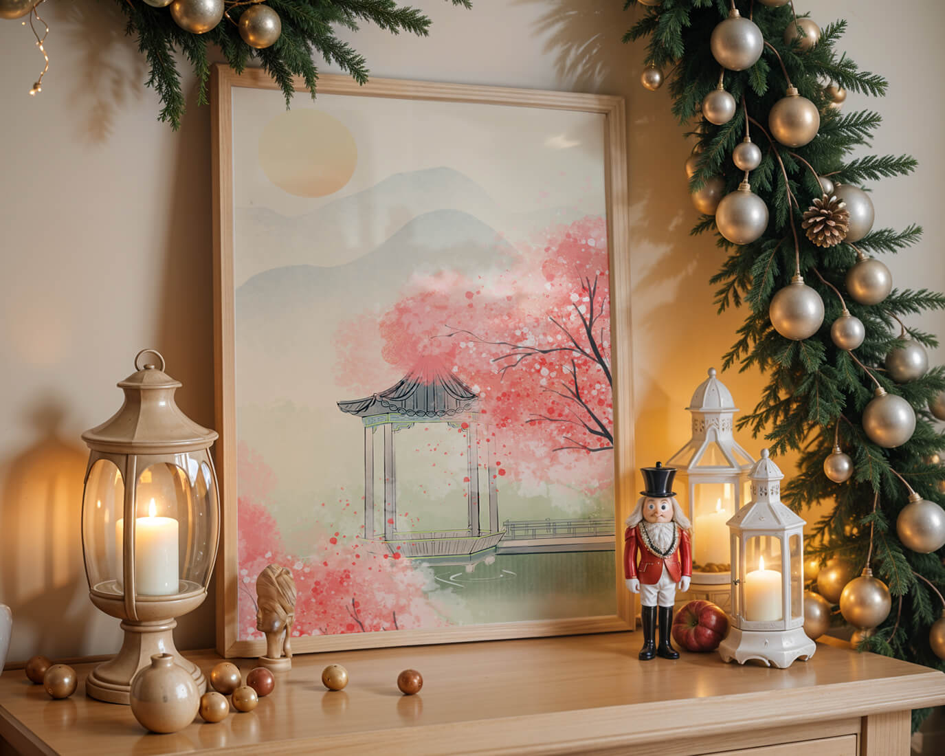 Serene landscape with cherry blossoms and traditional gazebo