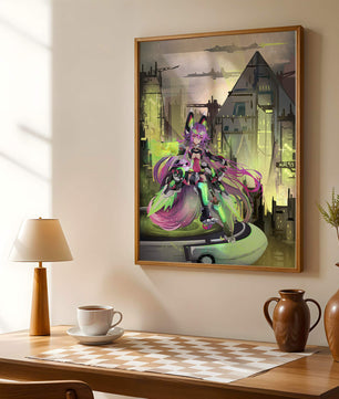 Cyberpunk-Anime-Figur im futuristischen Stadtbild 