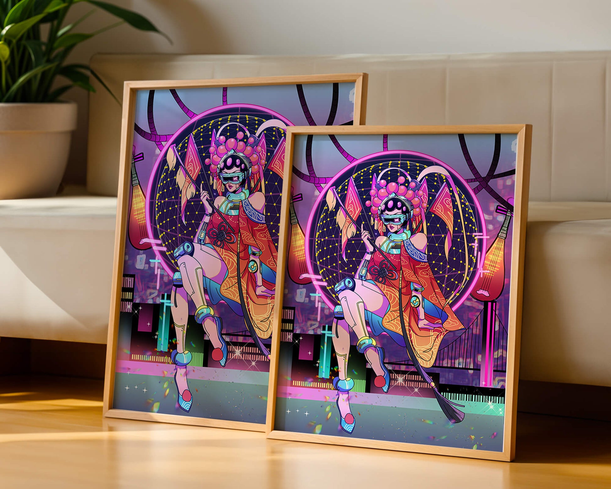 Futuristic geisha with neon lights and traditional elements
