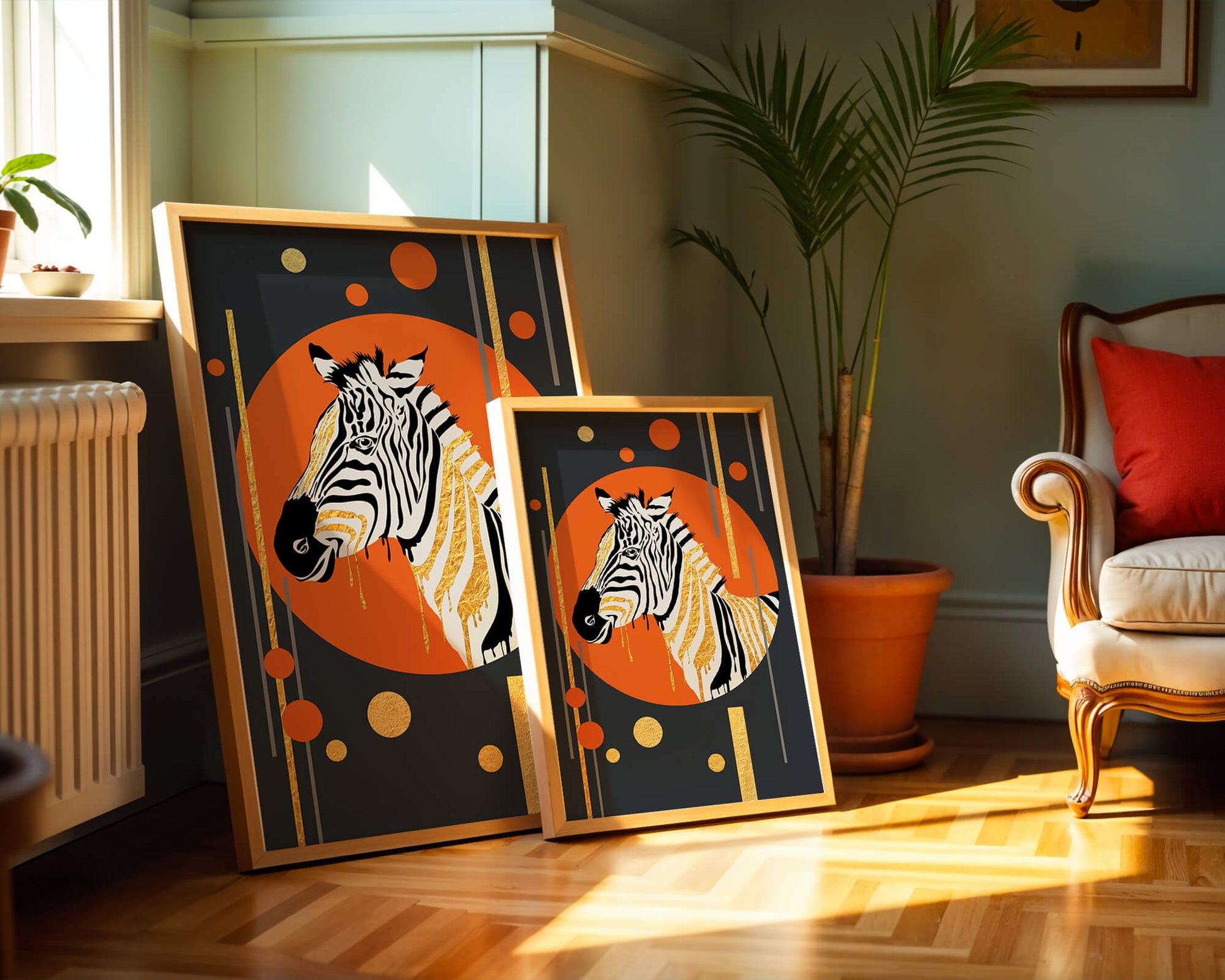 Modern zebra art with golden accents on abstract background