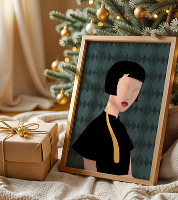 Elegant woman with short hair and golden earring on patterned background